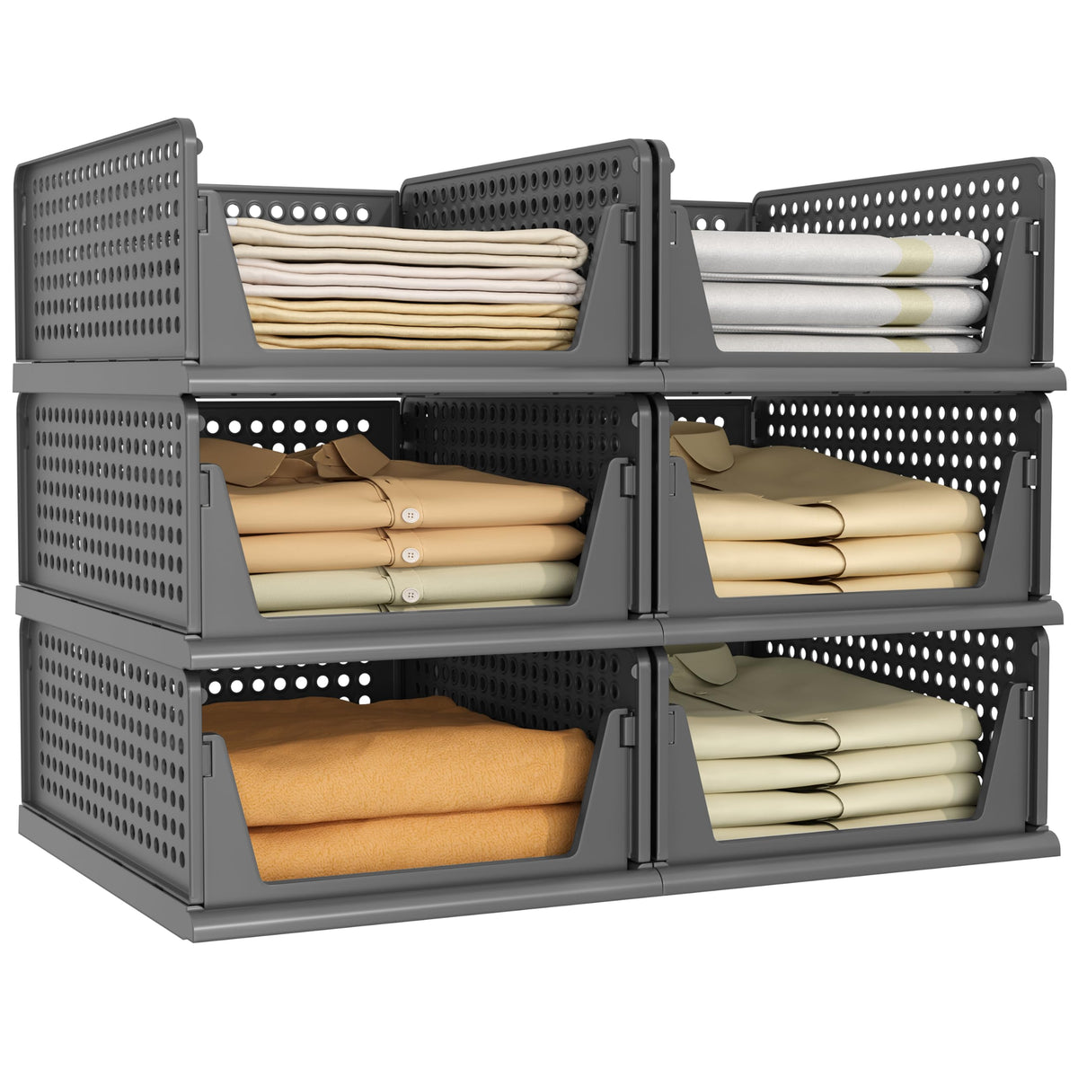 Pinkpum 6 pack black closet organizers on a shelf for space-saving storage.