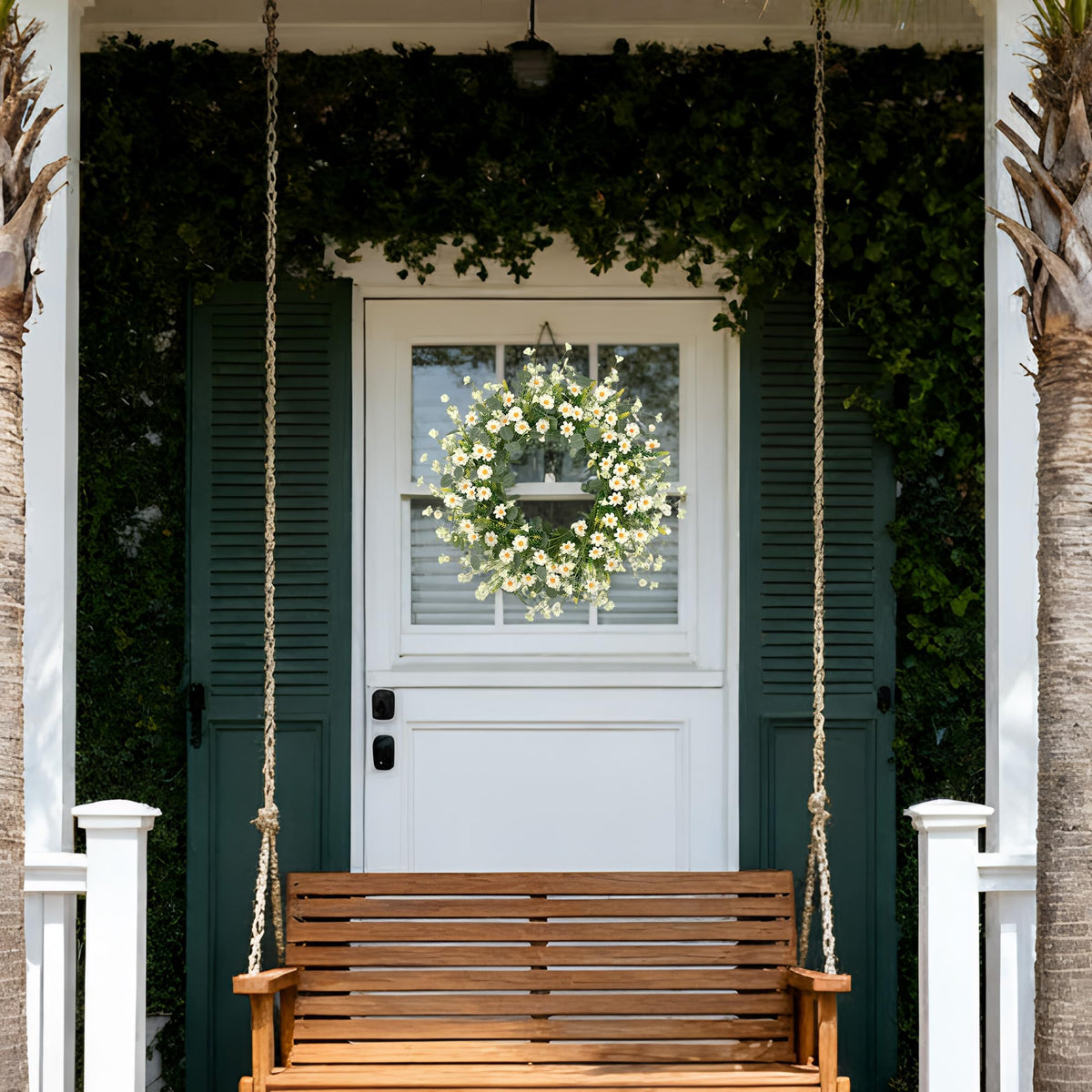 Pinkpum spring-summer wreath blends jasmine, lavender, and daisies for curb appeal.