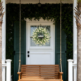 Pinkpum spring-summer wreath blends jasmine, lavender, and daisies for curb appeal.
