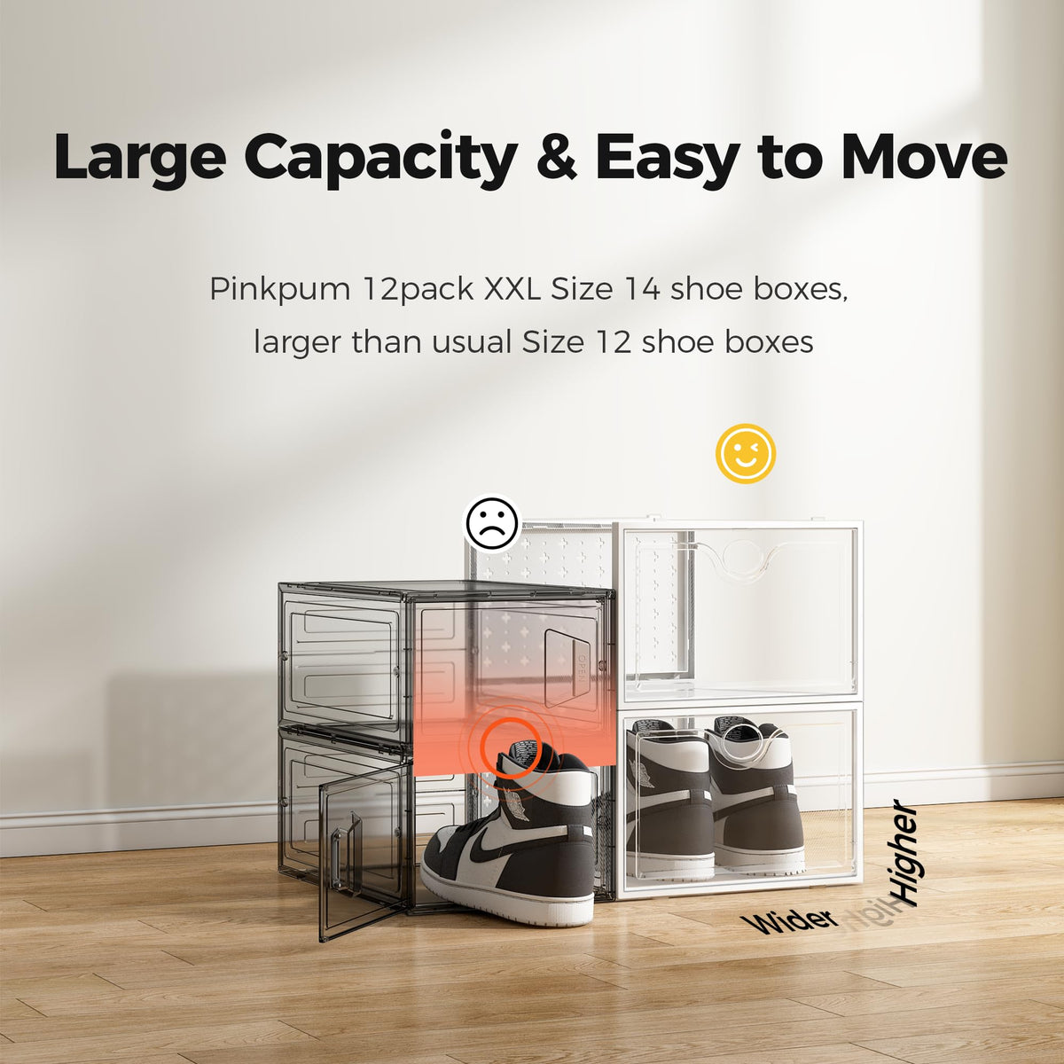 Pinkpum XXL shoe box large capacity fits size 14 sneakers neatly.