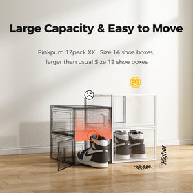 Pinkpum XXL shoe box large capacity fits size 14 sneakers neatly.