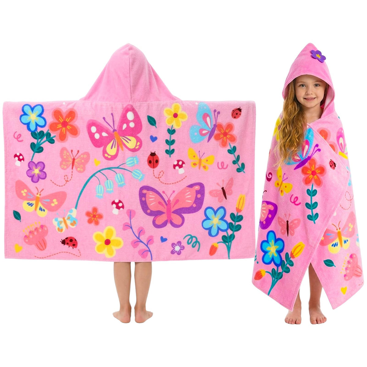 PinkSheep butterfly hooded towel provides cozy warmth after bath with secure chest snaps.