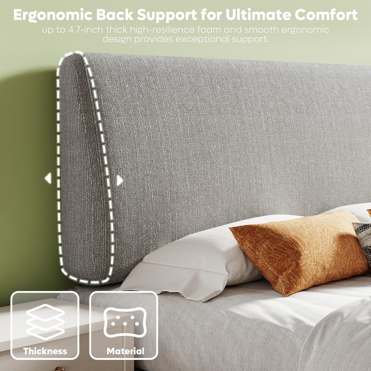 Pinmoco ergonomic curved headboard supports posture during reading or relaxation.