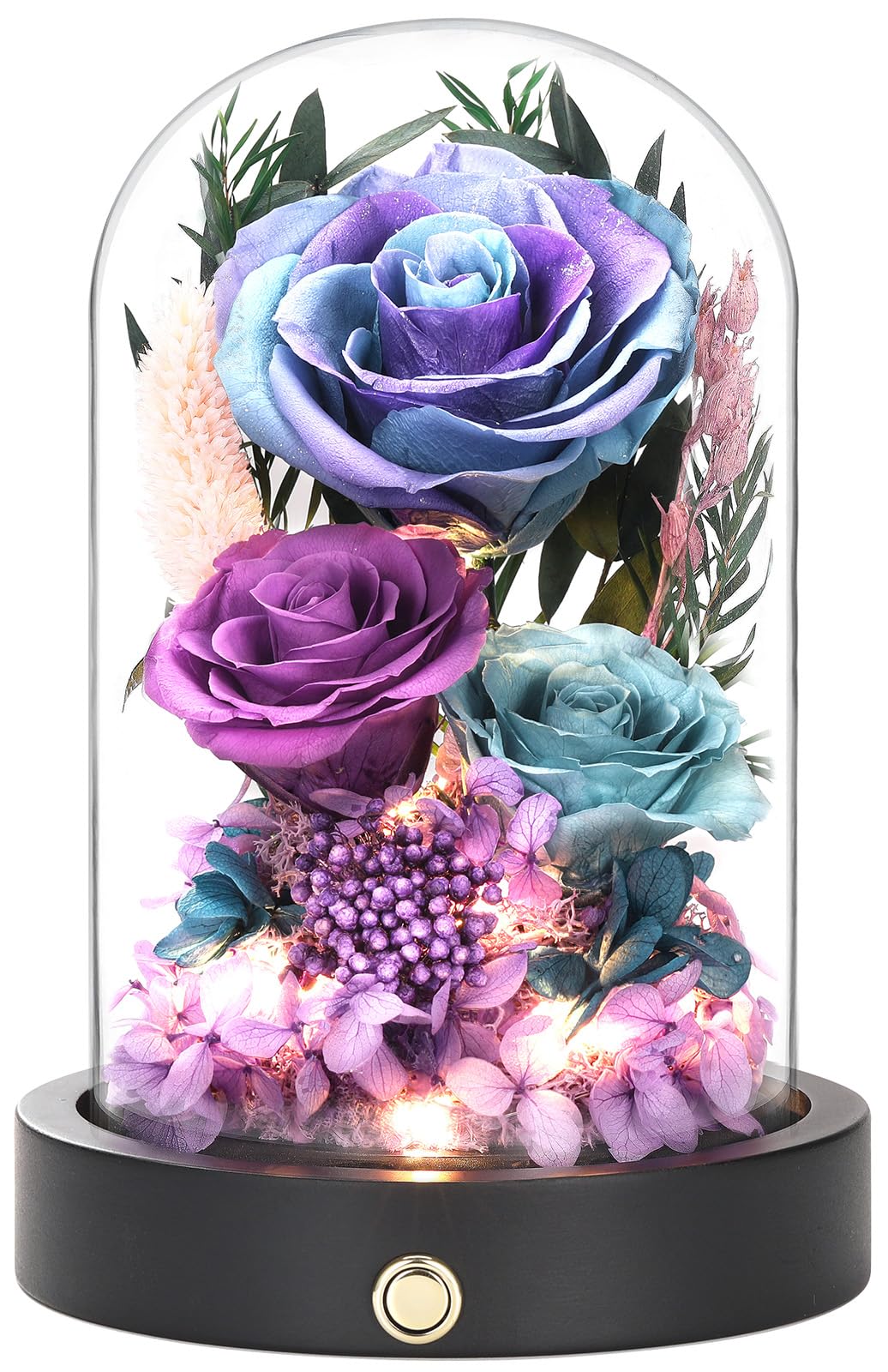 Pinnetetti purple preserved roses in a glass dome with LED glow, ideal for a chic centerpiece.