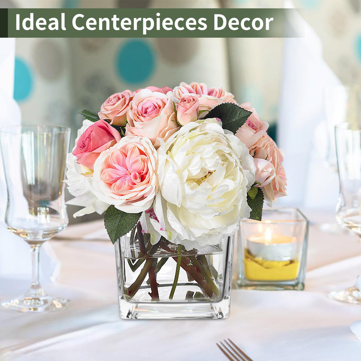 PINIWON square glass vase for flowers or candle display.
