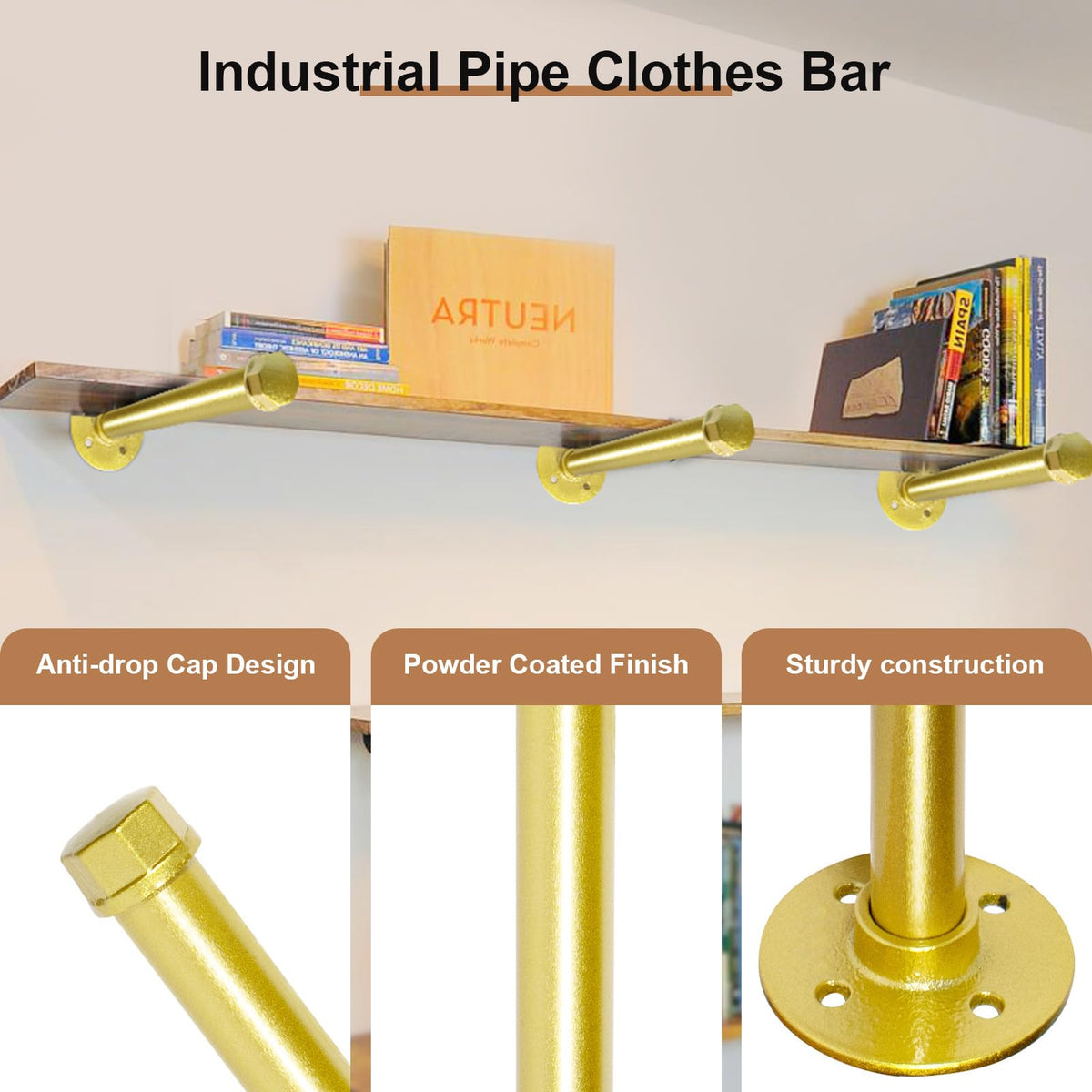 Pintuson industrial pipe bar brackets supporting shelving and display.