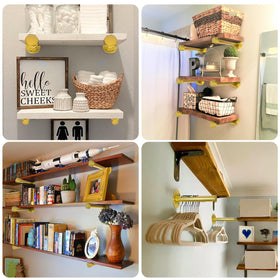 Pintuson pipe brackets as shelving supports for compact spaces.