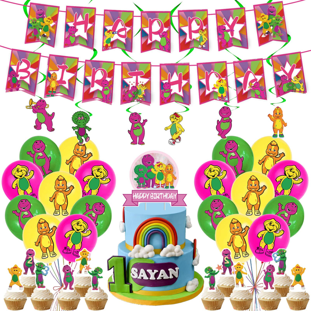PINUO Barney Happy Birthday Banner brightens kids' party decor for photos.