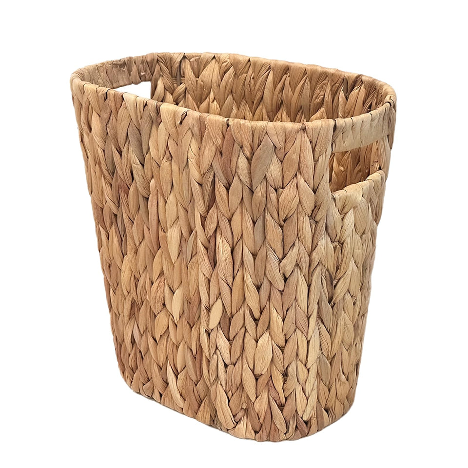 PINXIURY bathroom wicker trash can, handwoven for compact spaces.