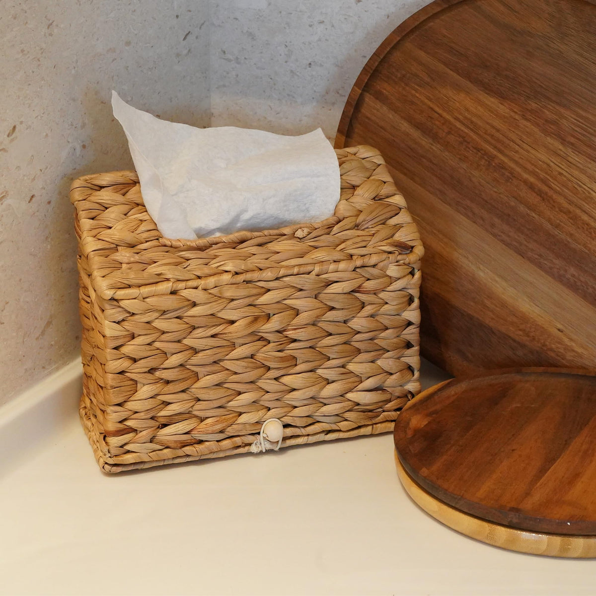 PINXIURY handwoven towel holder features wooden button for easy box refills.