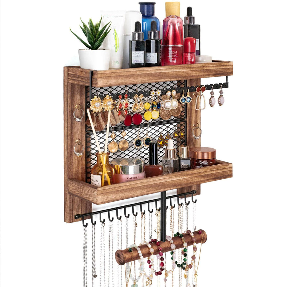 Pinzoveco rustic wood hanging jewelry organizer on wall, neatly displaying necklaces and more