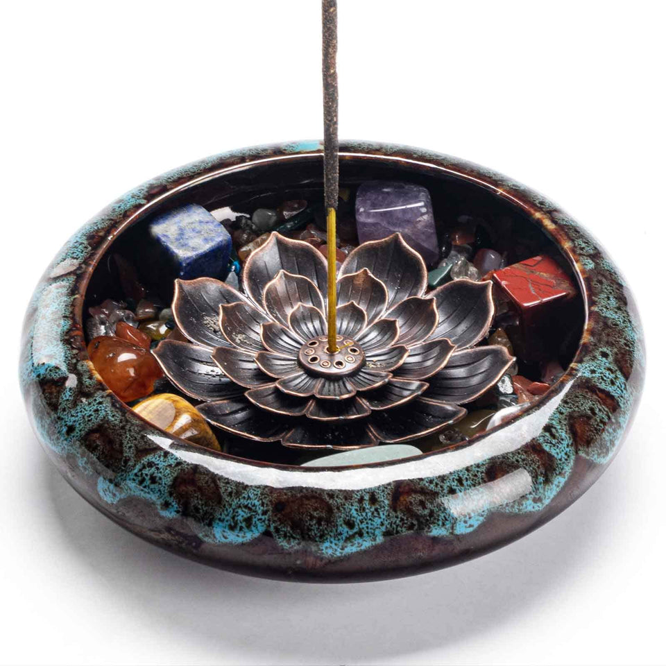 PIOSRTRR crystal lotus incense holder, side view, six-hole design for even burning.
