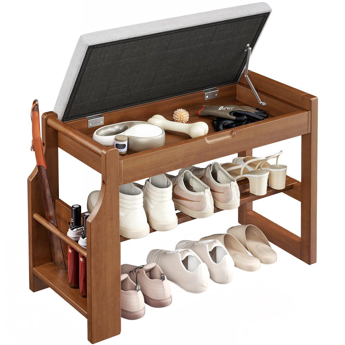 Pipishell 26-inch solid pine shoe bench front view with sturdy two-tier storage