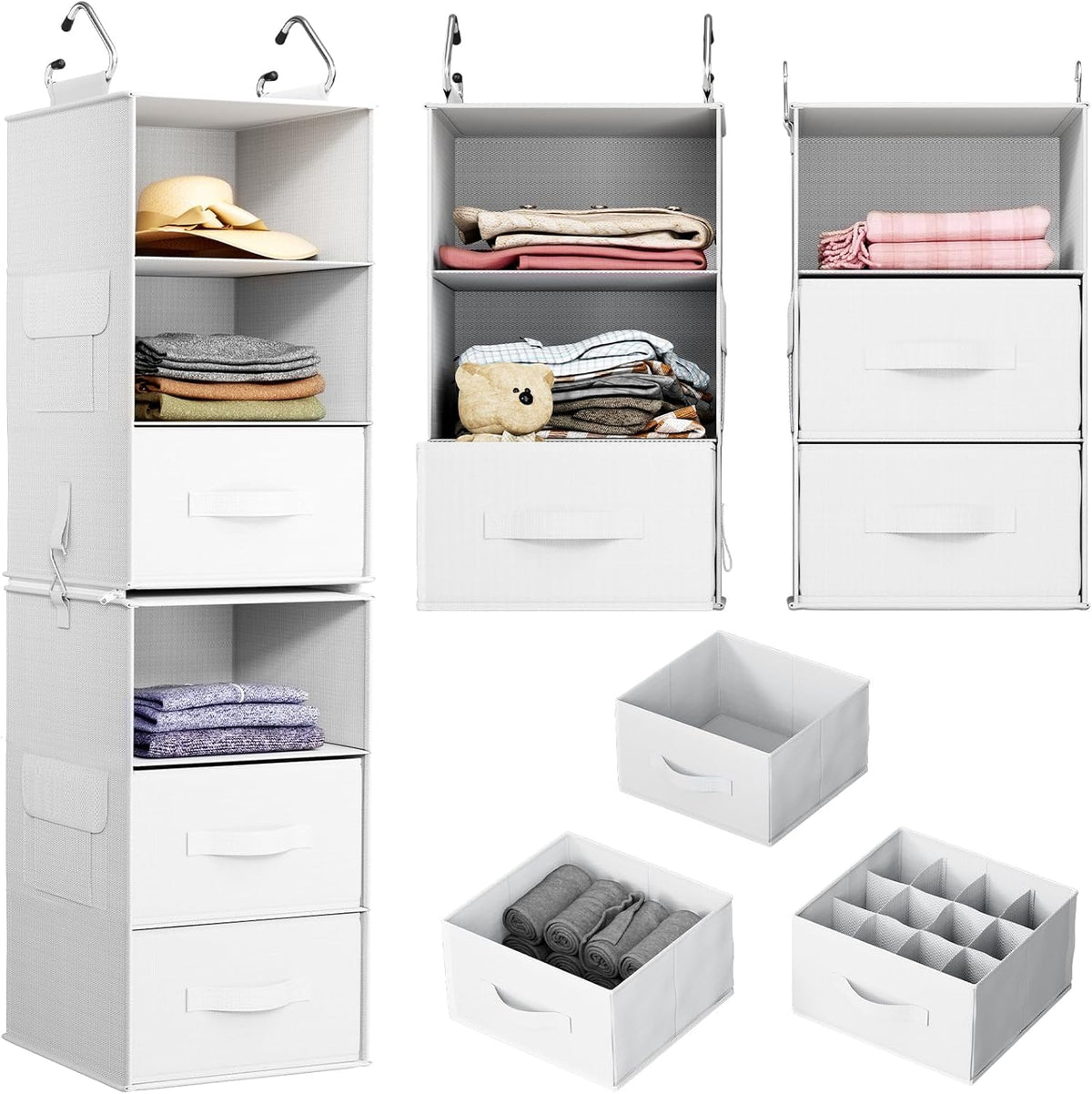 Pipishell six-shelf hanging organizer unit shows vertical storage for wardrobe organization.