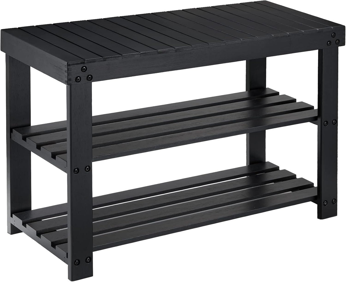 Pipishell bamboo shoe rack bench front view with spacious 3-tier storage.