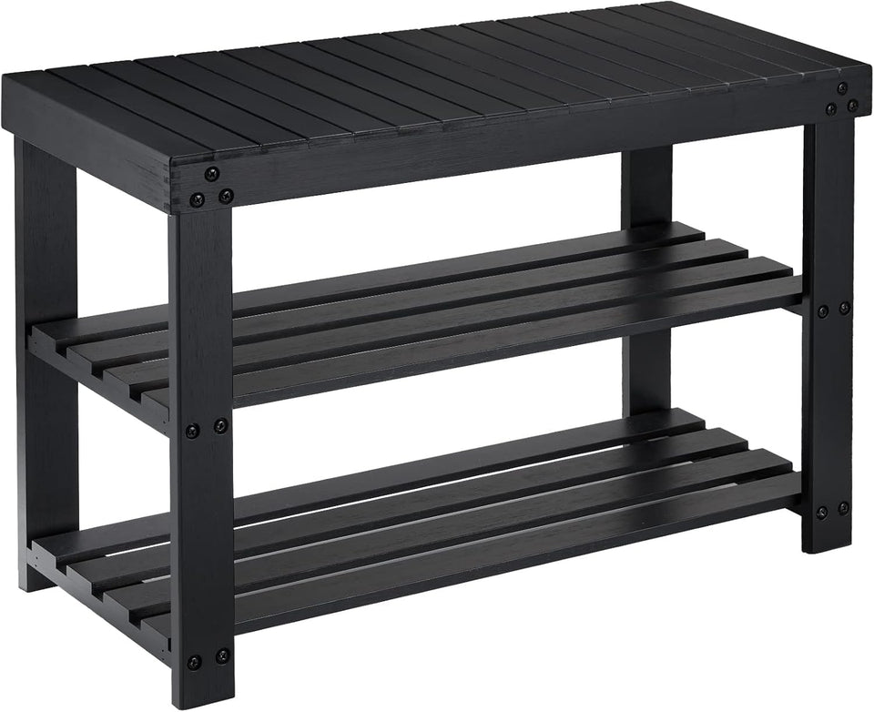 Pipishell bamboo shoe rack bench front view with spacious 3-tier storage.