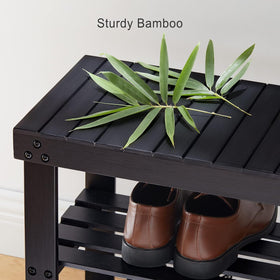 Pipishell bamboo shoe rack bench black finish complements modern decor.