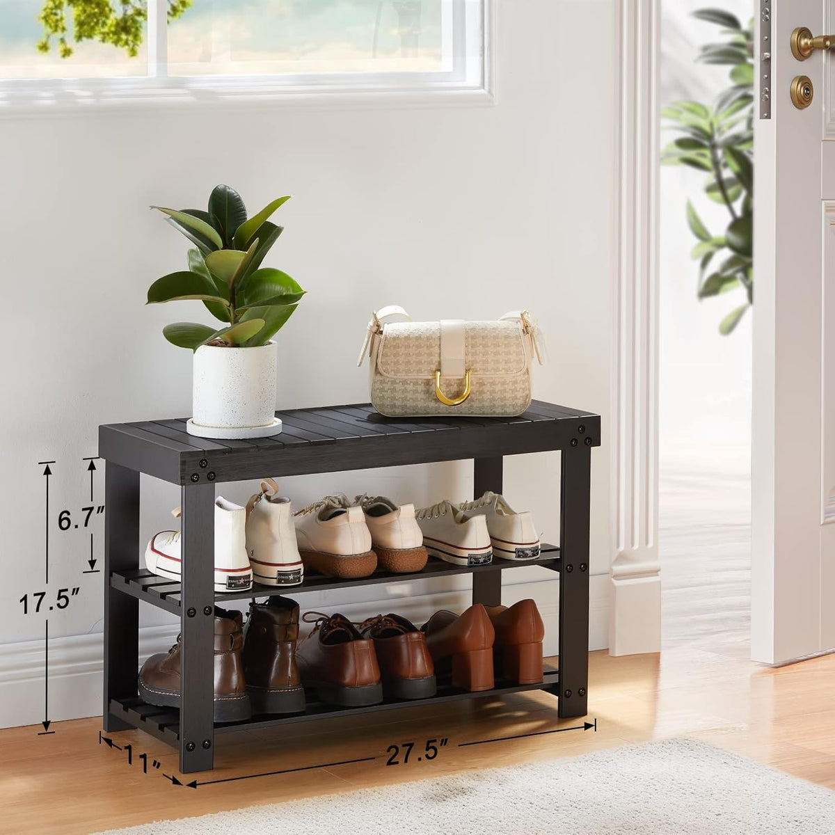 Pipishell bamboo shoe rack bench in entryway used for organized storage.