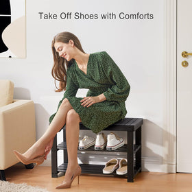 Pipishell bamboo shoe rack bench in-use storage holding multiple pairs efficiently.