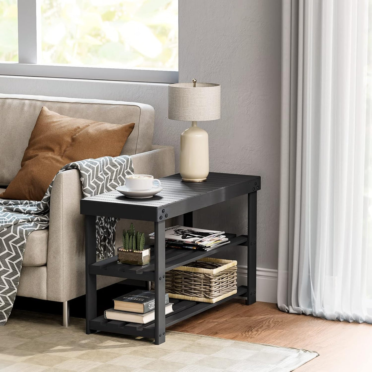 Pipishell bamboo shoe rack bench seating function for quick shoe changes.