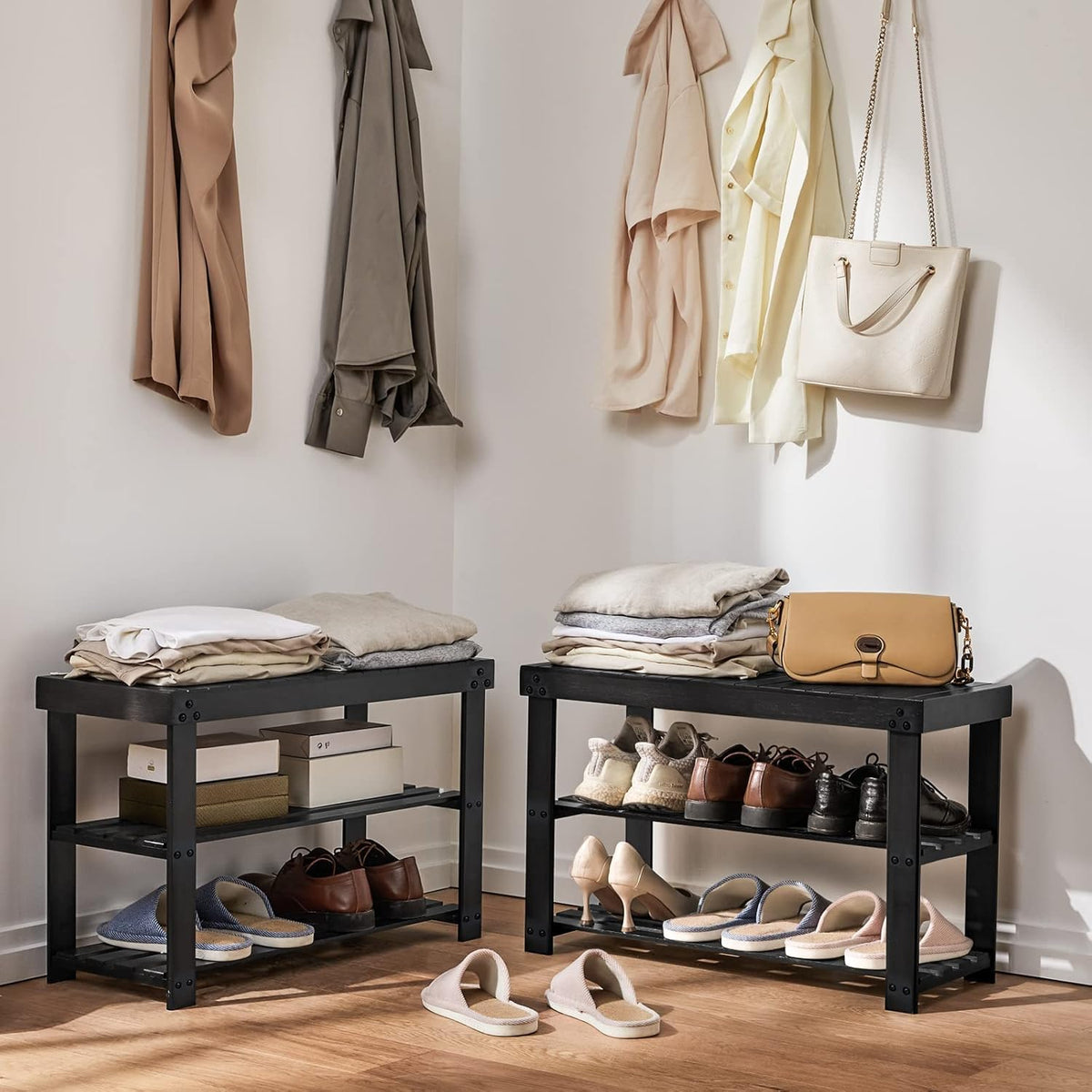 Pipishell bamboo shoe rack bench side view showing space-saving footprint.