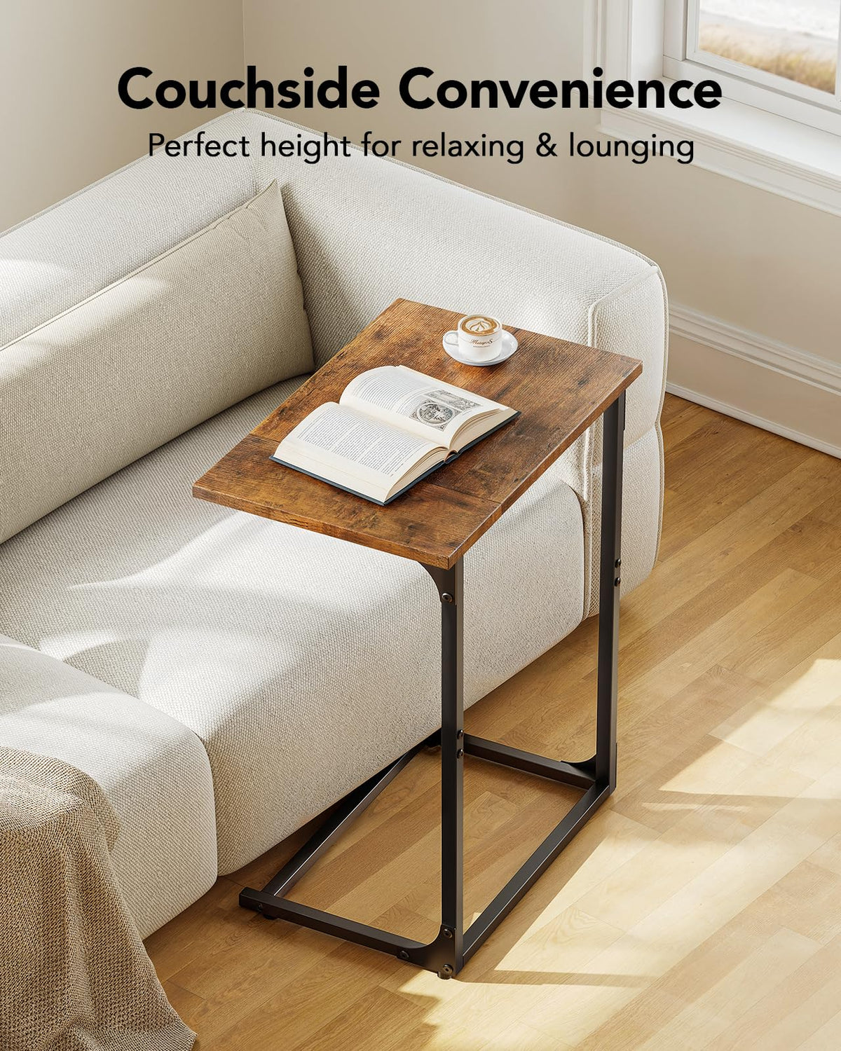 Pipishell C Shaped Side Table in rustic brown finish adds warm style