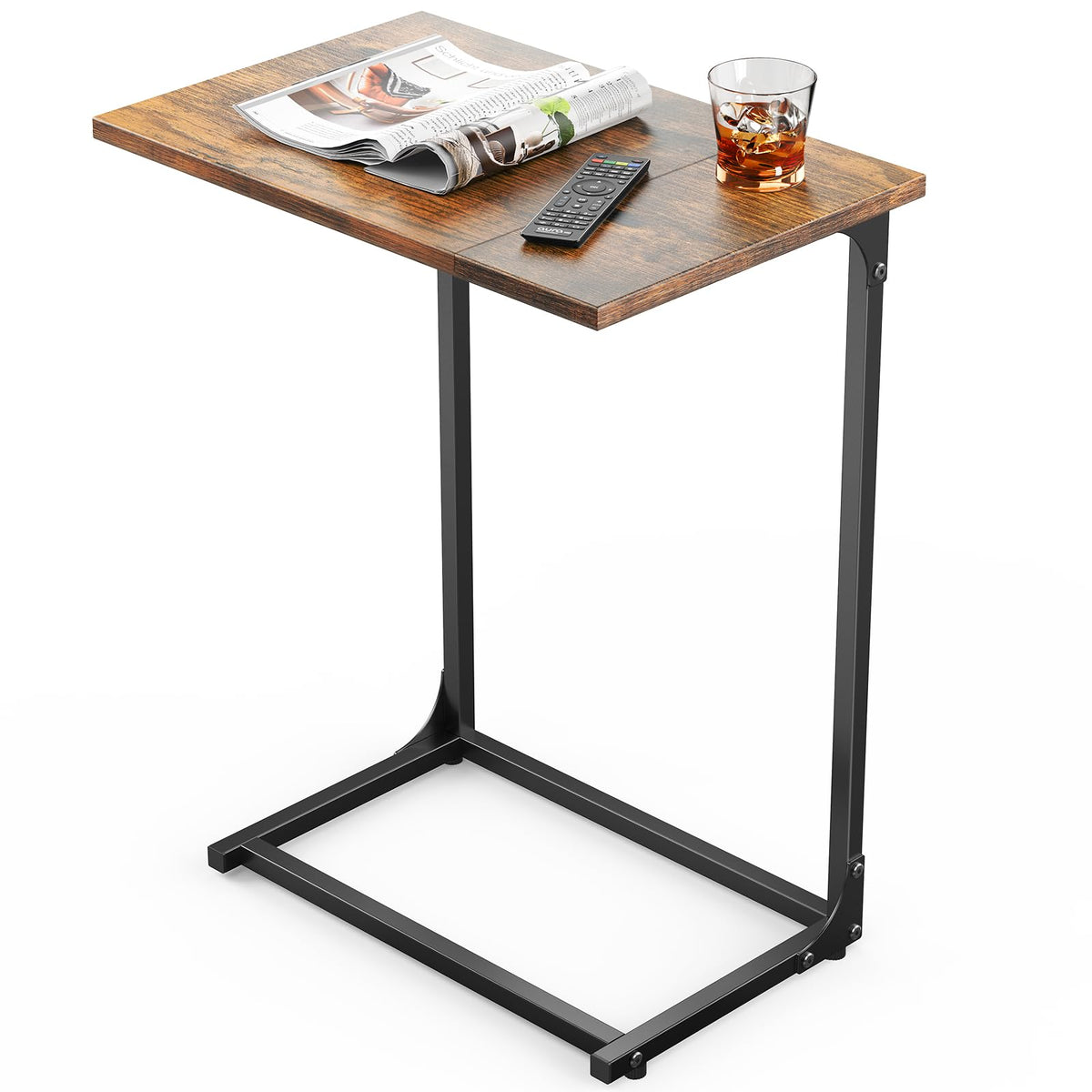 Pipishell C Shaped Side Table tucked under the sofa for easy reach and beverage placement