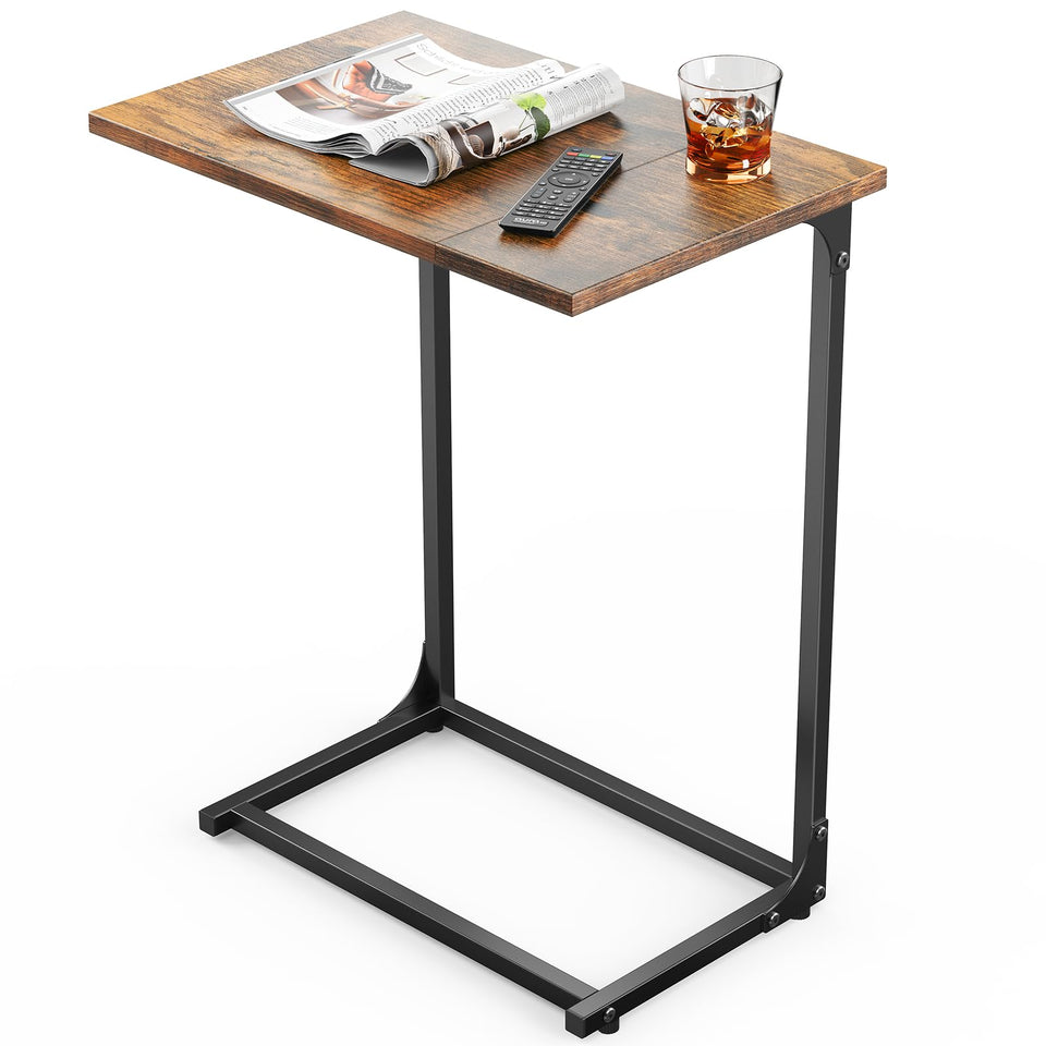 Pipishell C Shaped Side Table tucked under the sofa for easy reach and beverage placement