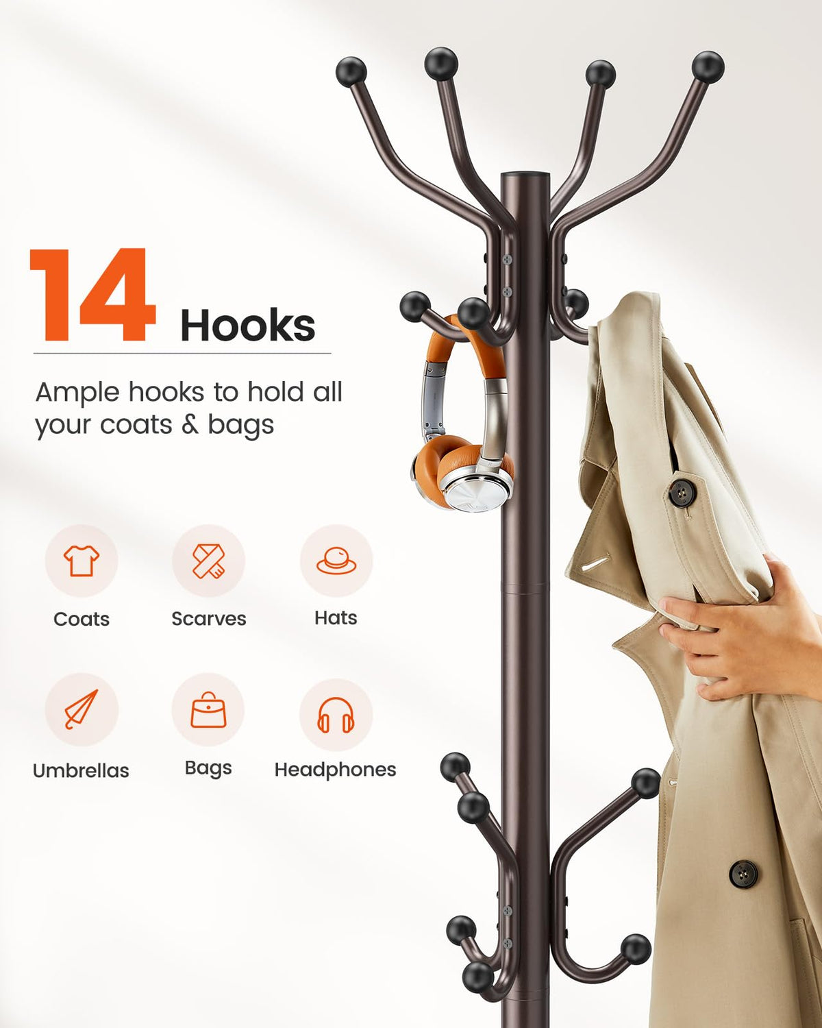 Sturdy metal frame and four-point base provide stable storage for heavy coats, hats, and bags.