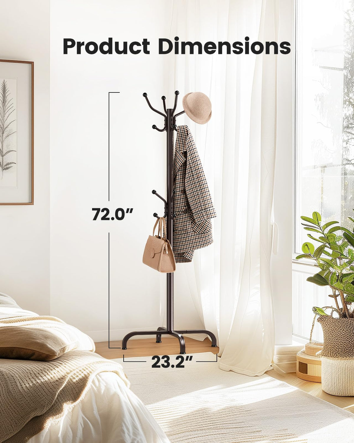 Slim freestanding coat tree fits narrow hallways while maximizing vertical space.