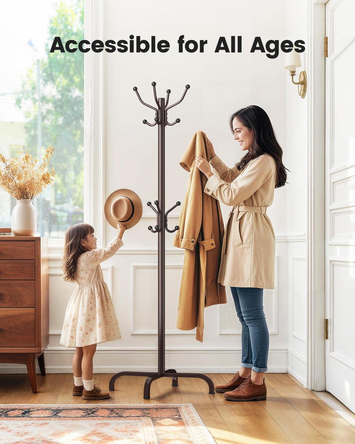 Height-adjustable and multi-level design lets adults and kids reach convenient storage.