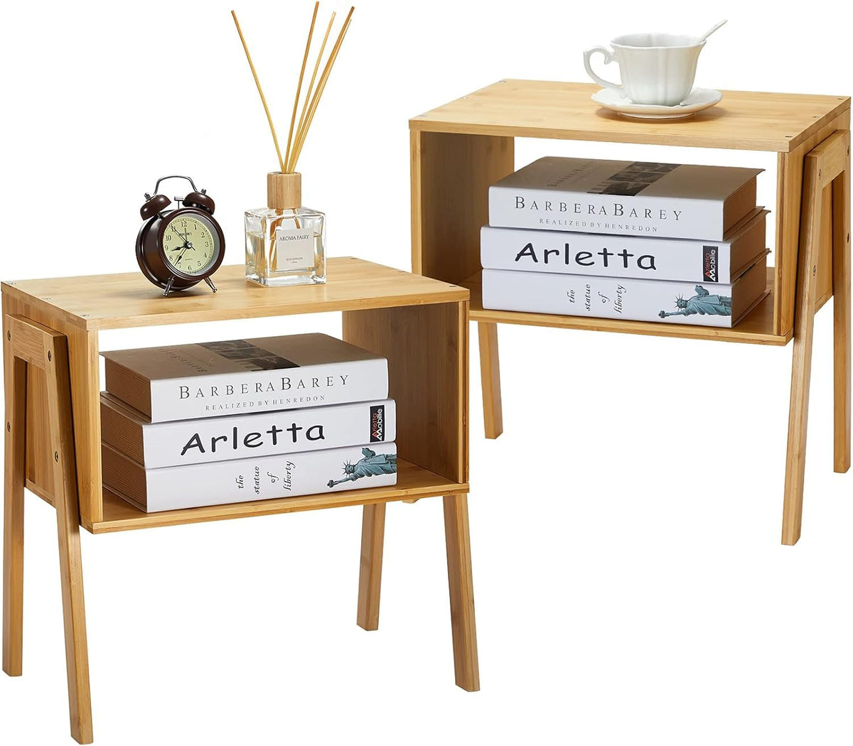 Pipishell bamboo nightstands stackable in natural finish for compact spaces.