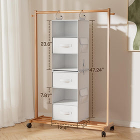Pipishell separable three-tier shelves demonstrated for flexible closet fitting.