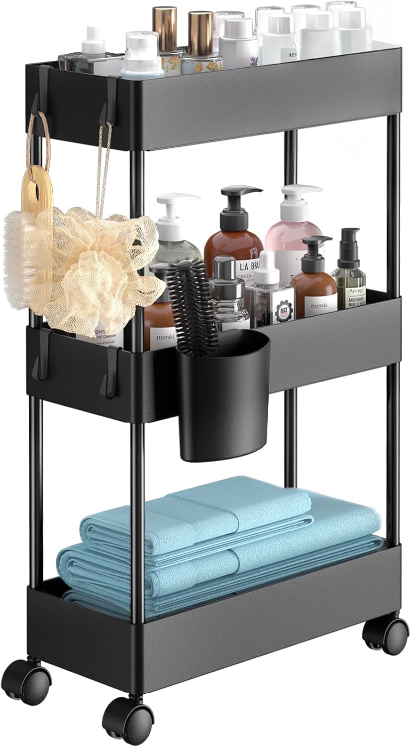 Pipishell slim storage cart 3-tier front view for compact bathroom organization.