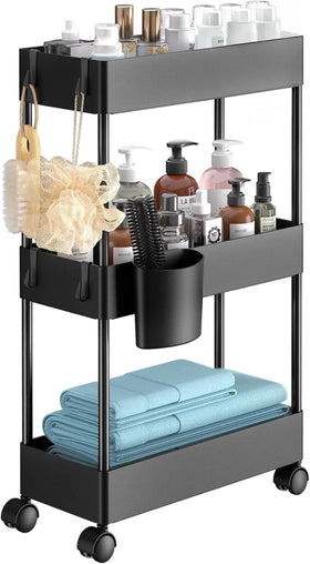 Pipishell slim storage cart 3-tier front view for compact bathroom organization.