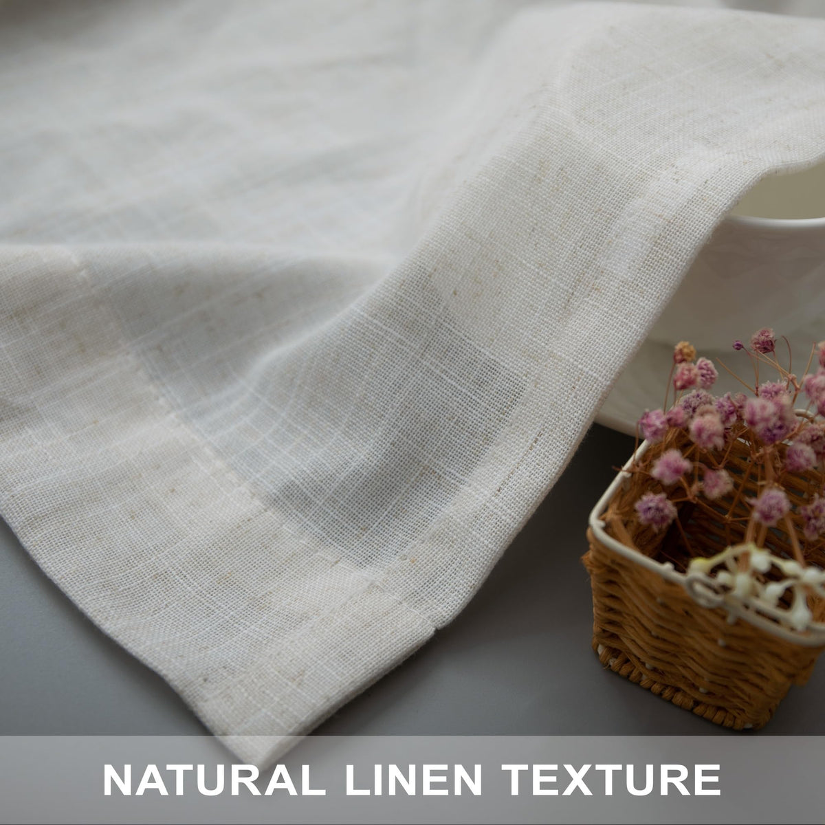 Machine washable linen blend drapes for easy home care and maintenance.
