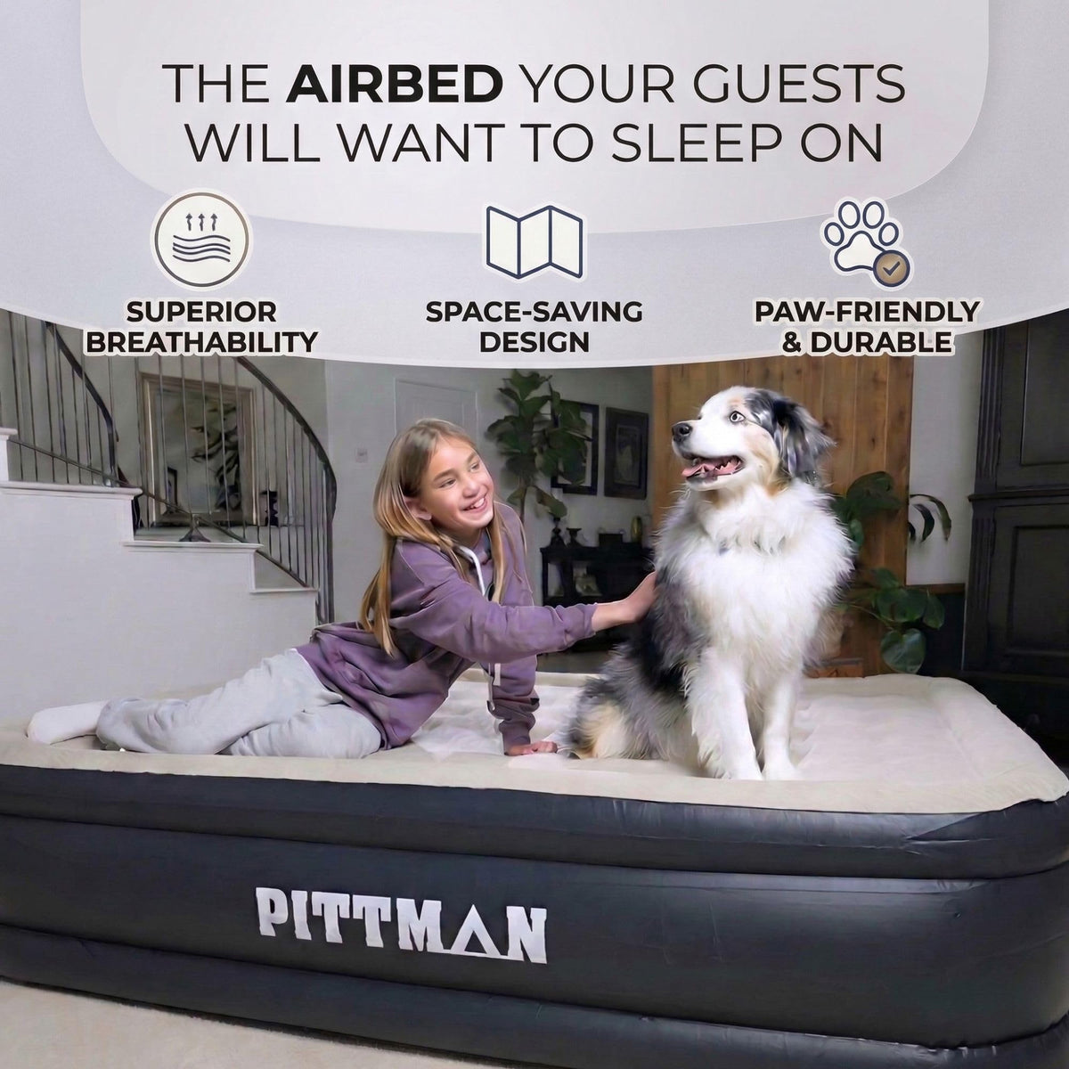 Pittman Outdoors queen air mattress side view illustrating size and stability