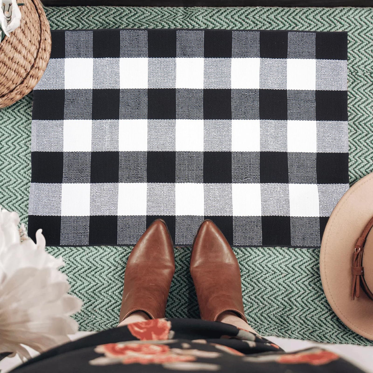 PIXFAIRY buffalo plaid rug kitchen area provides soft underfoot comfort and easy cleaning.