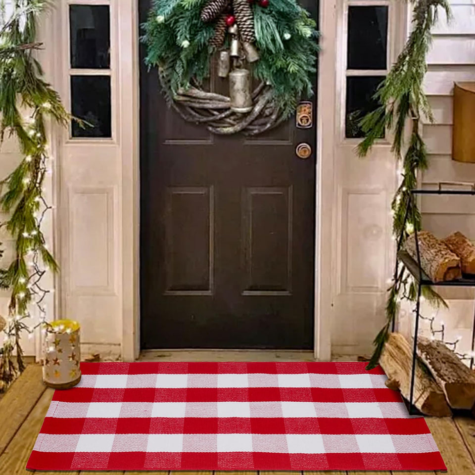 PIXFAIRY Christmas plaid rug at front door enhances curb appeal and festive welcome