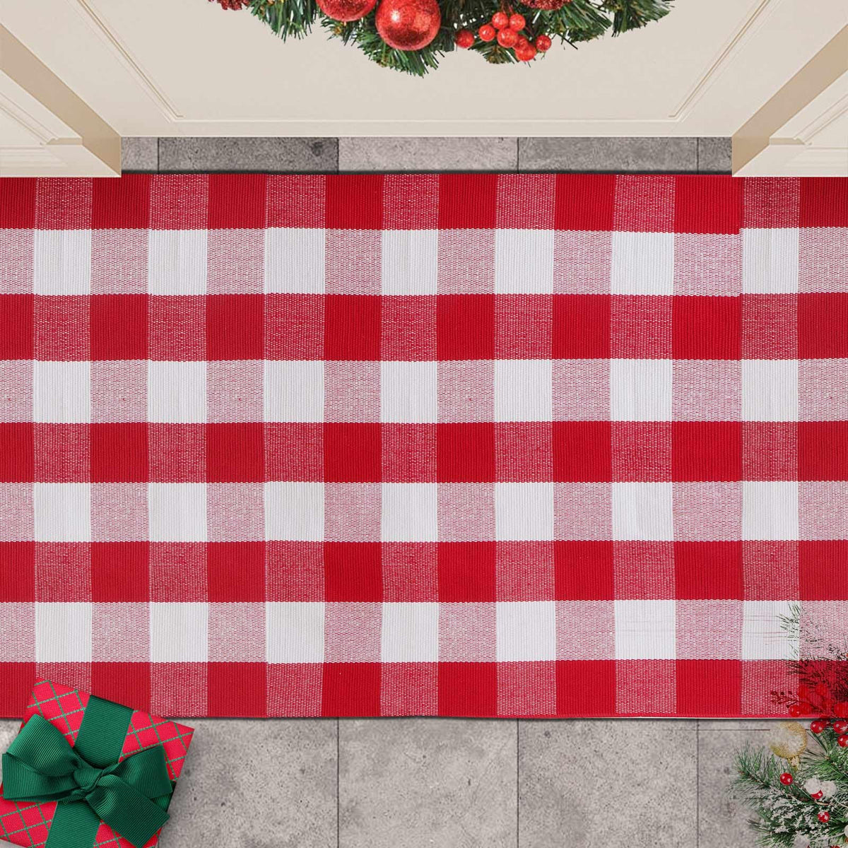 PIXFAIRY indoor/outdoor plaid rug on porch blends style with practicality.