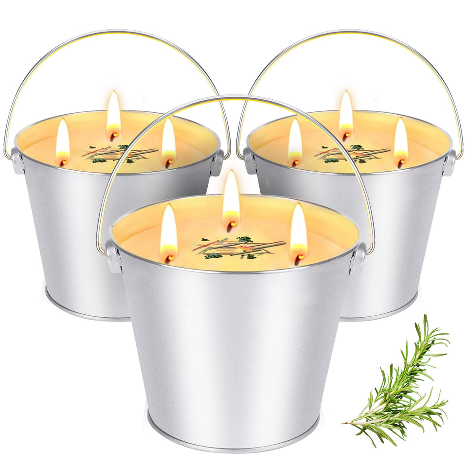 PJT large citronella candles outdoor 3-pack shown in metal buckets for extended outdoor evenings.