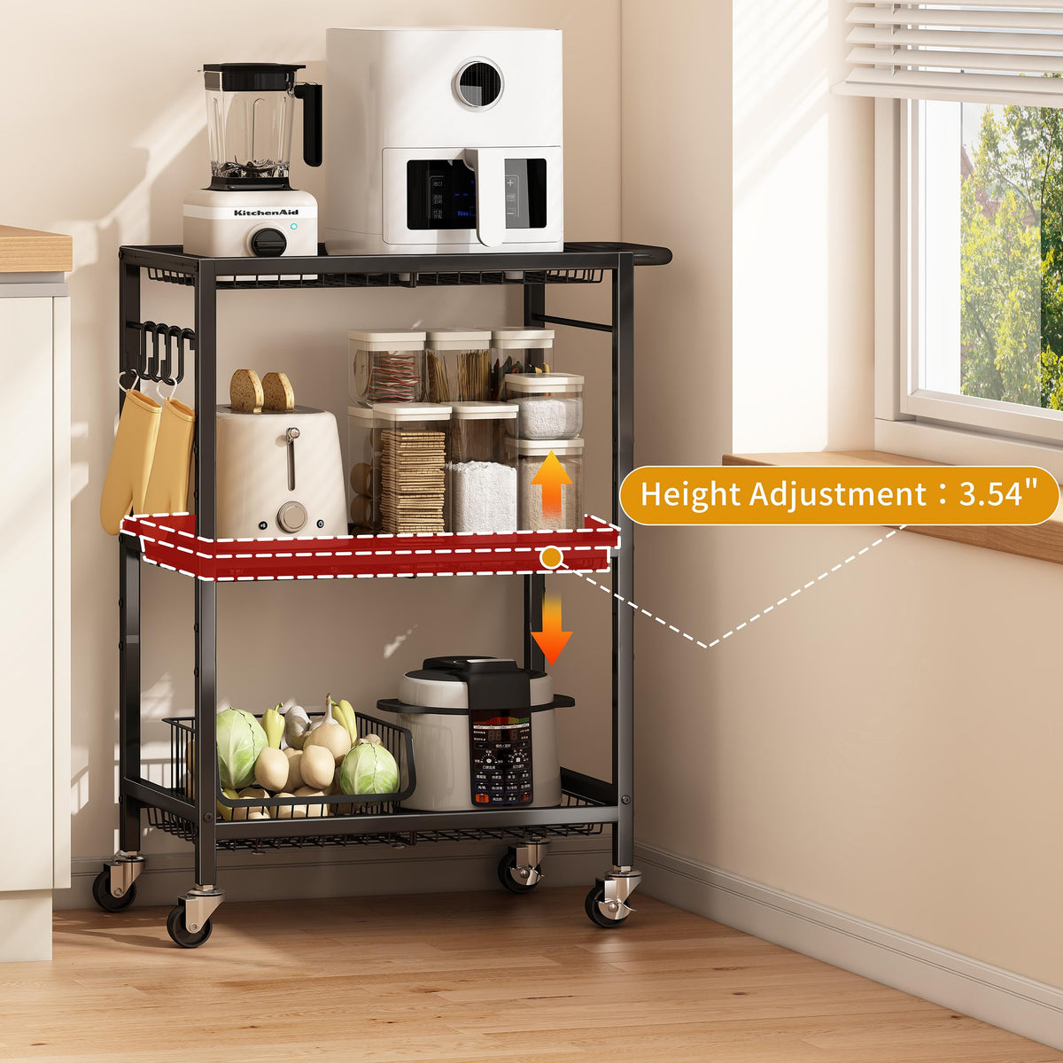 Pkuyres cart side view highlights slim footprint beside counters.
