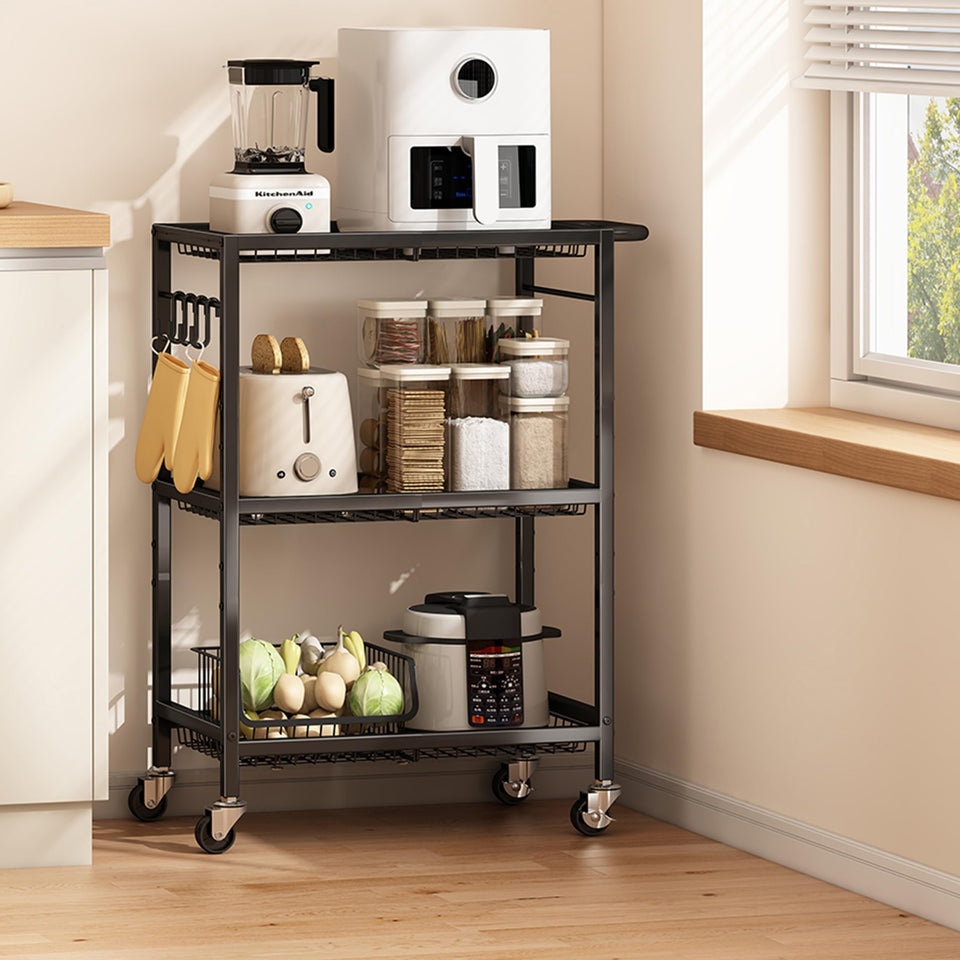 Pkuyres 3-tier rolling cart top view; compact design ideal for tight kitchens.