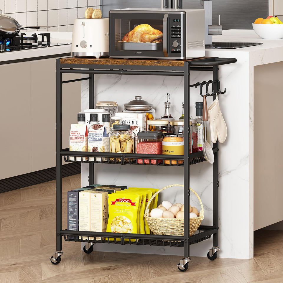 Pkuyres microwave kitchen cart with wood top for organized counter space.