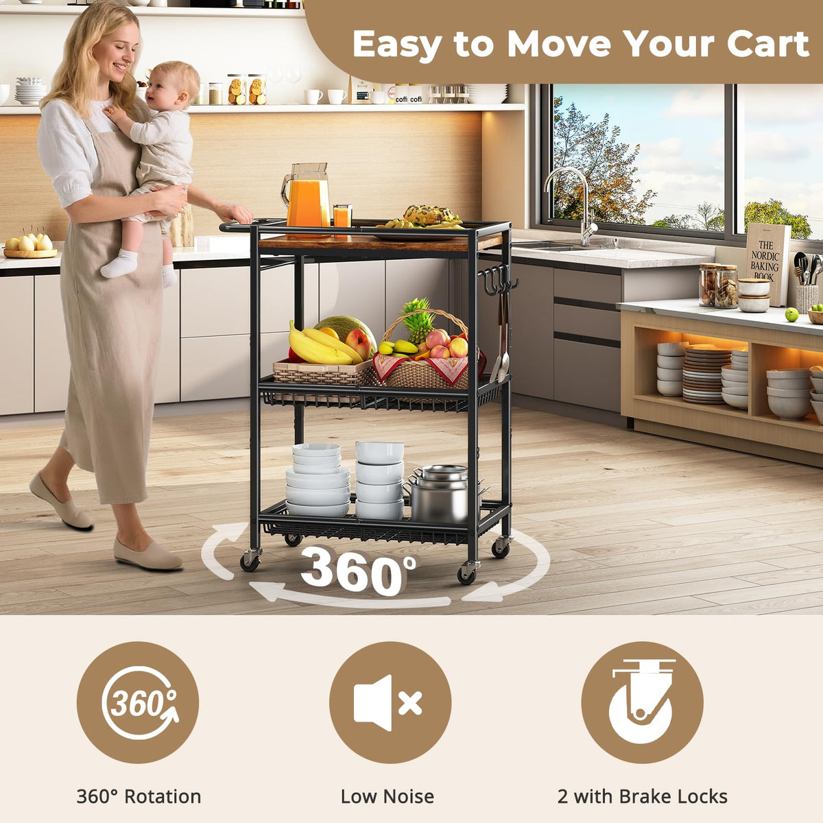 Pkuyres 3-tier rolling cart with metal shelves for sturdy kitchen storage.