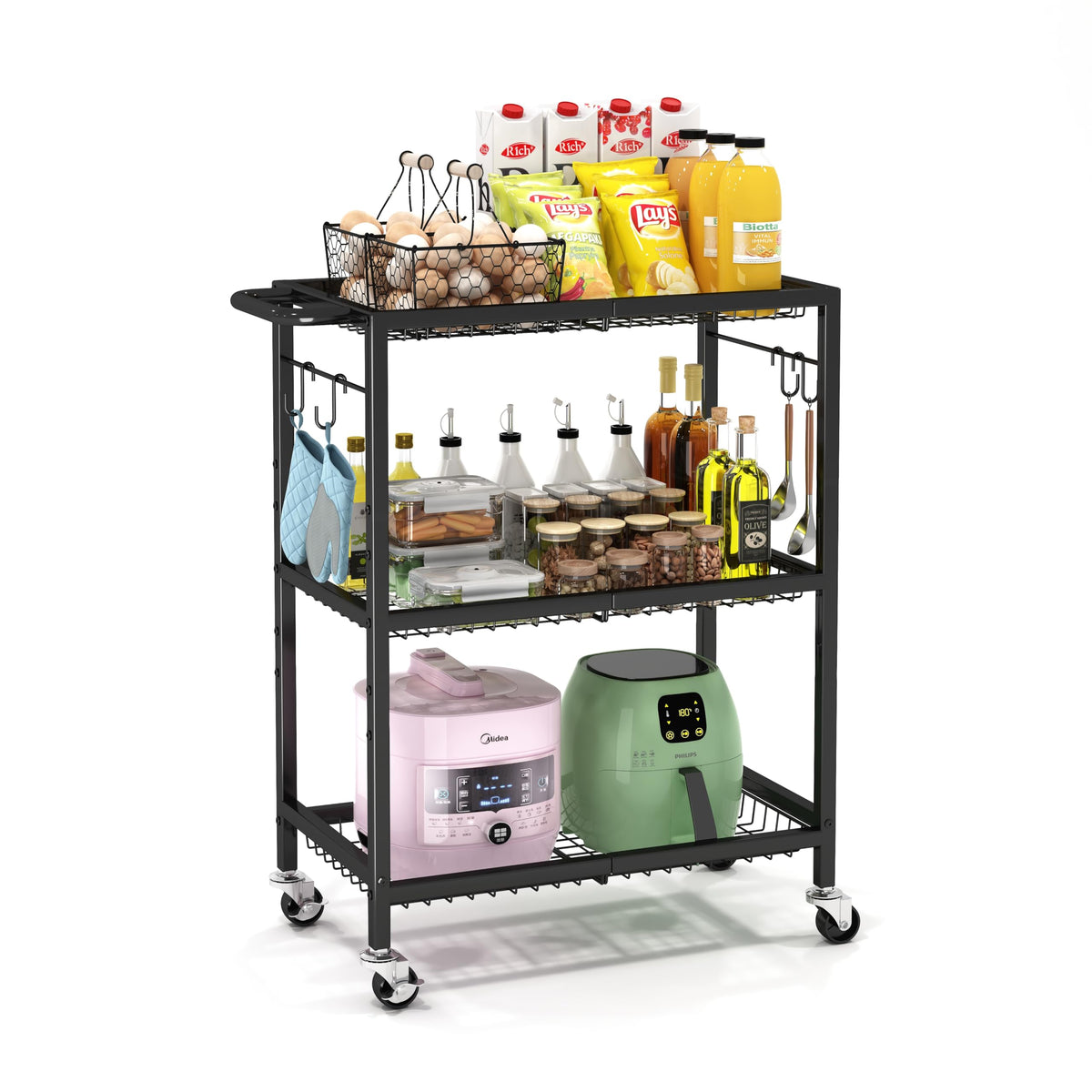 Pkuyres cart includes four hooks for utensils or towels.