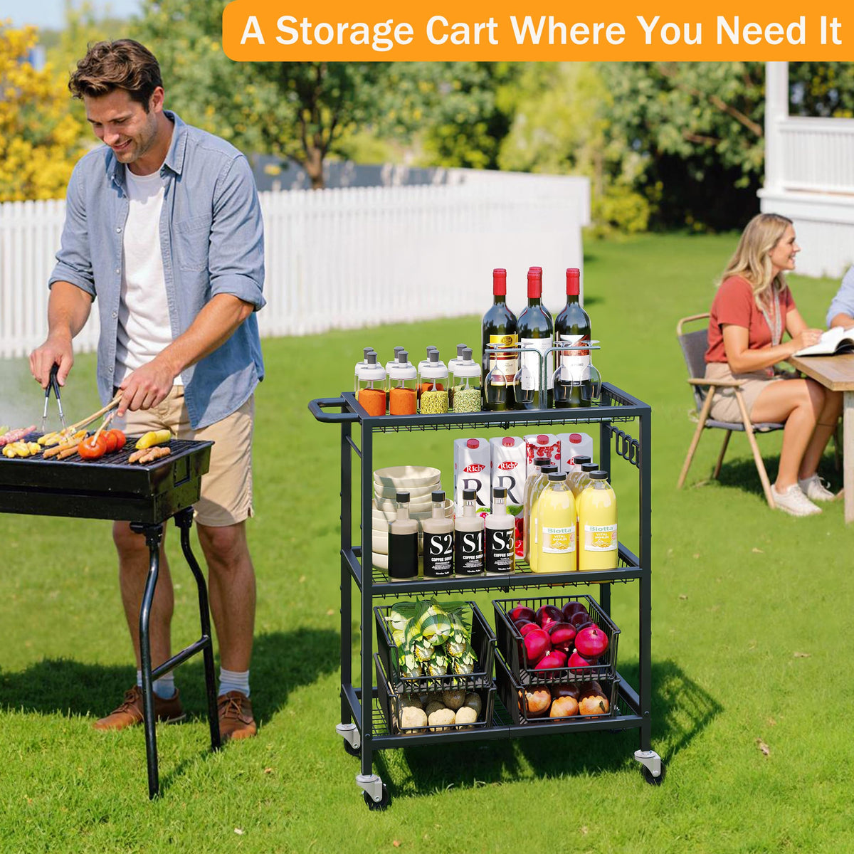 Pkuyres cart shelves with basket provide sturdy storage up to 50 lbs per shelf.