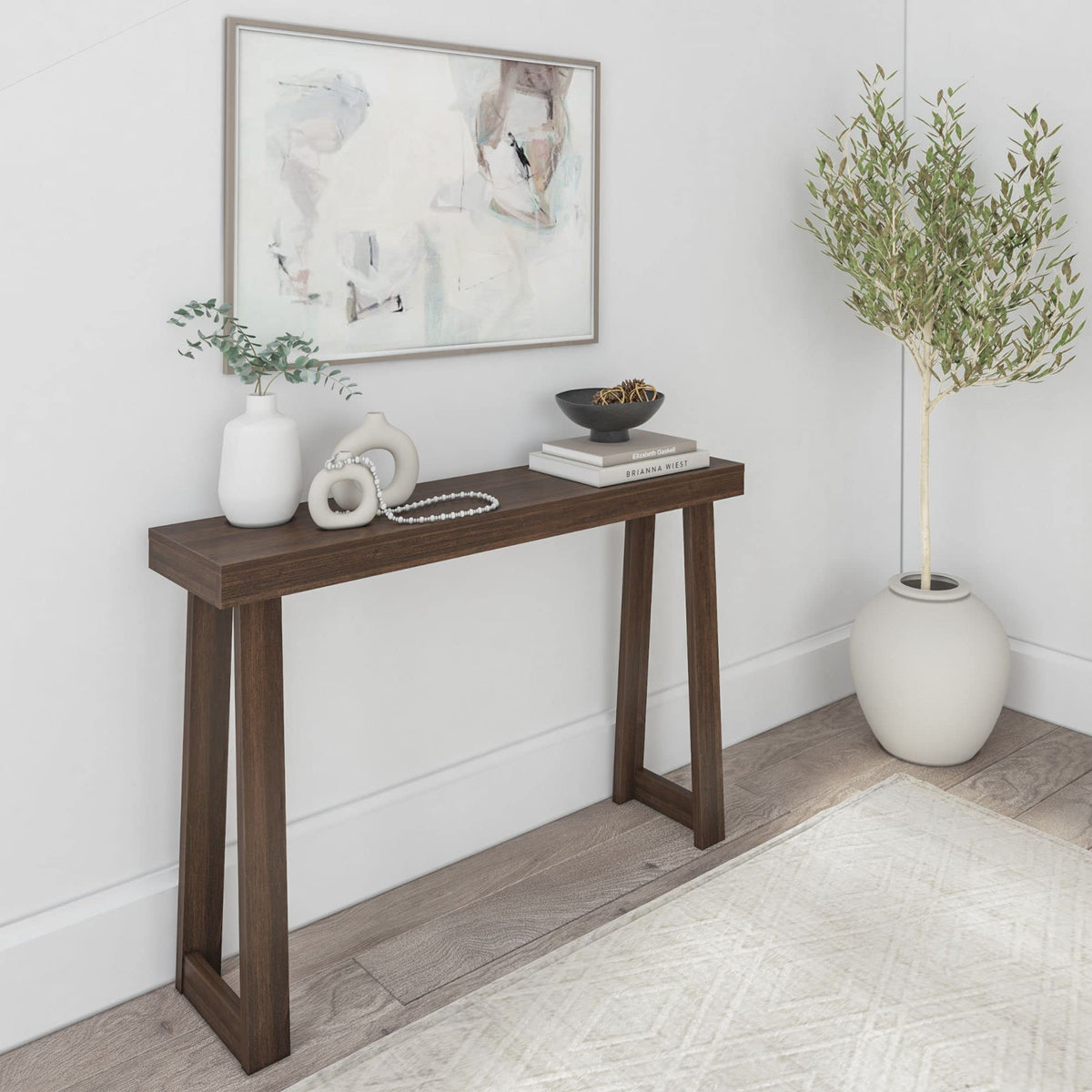 Plank+Beam Classic Console Table front view with knot-free pine in walnut finish
