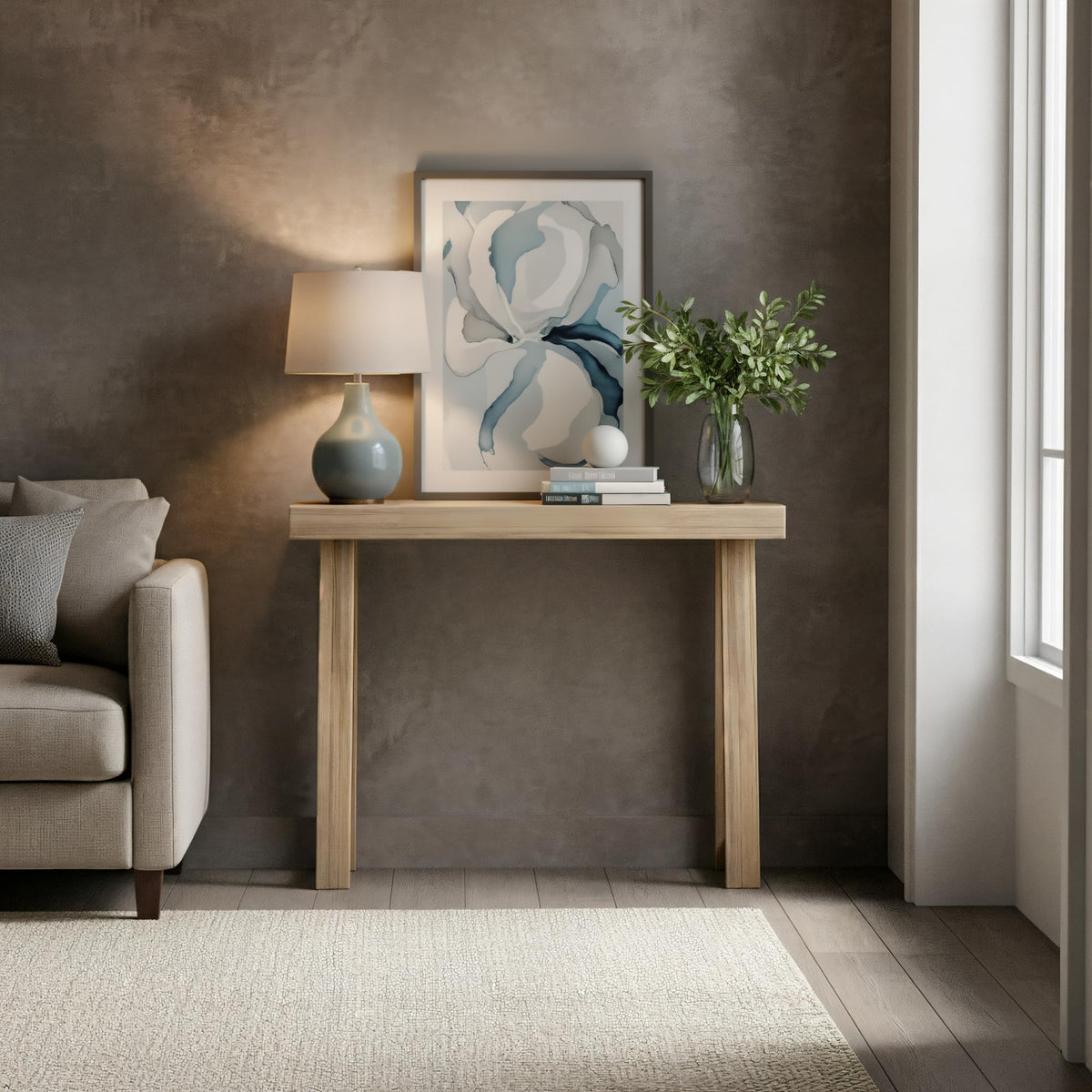 Plank+Beam console table side view suitable for entryways and slim hallways