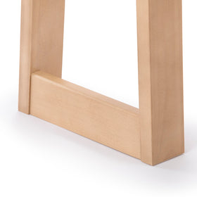 Plank+Beam knot-free pine console table blonde hardware closeup.